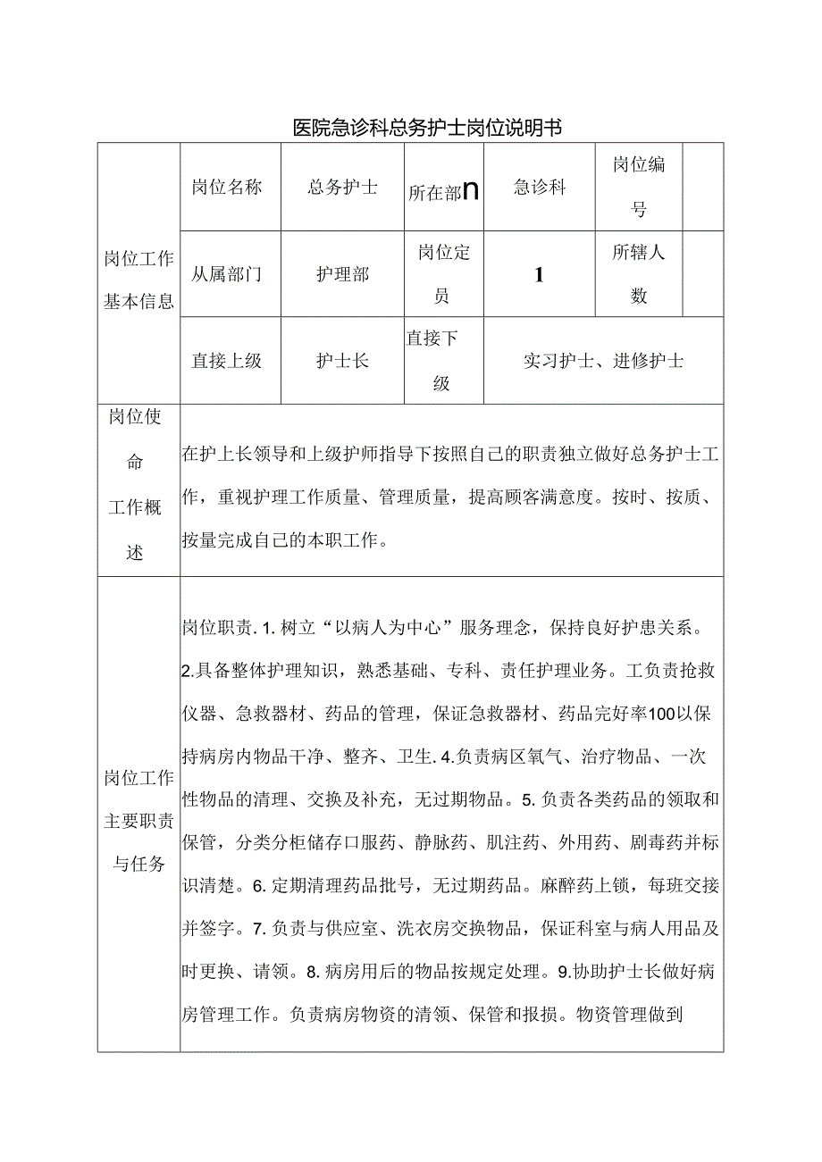 医院急诊科总务护士岗位说明书.docx_第1页