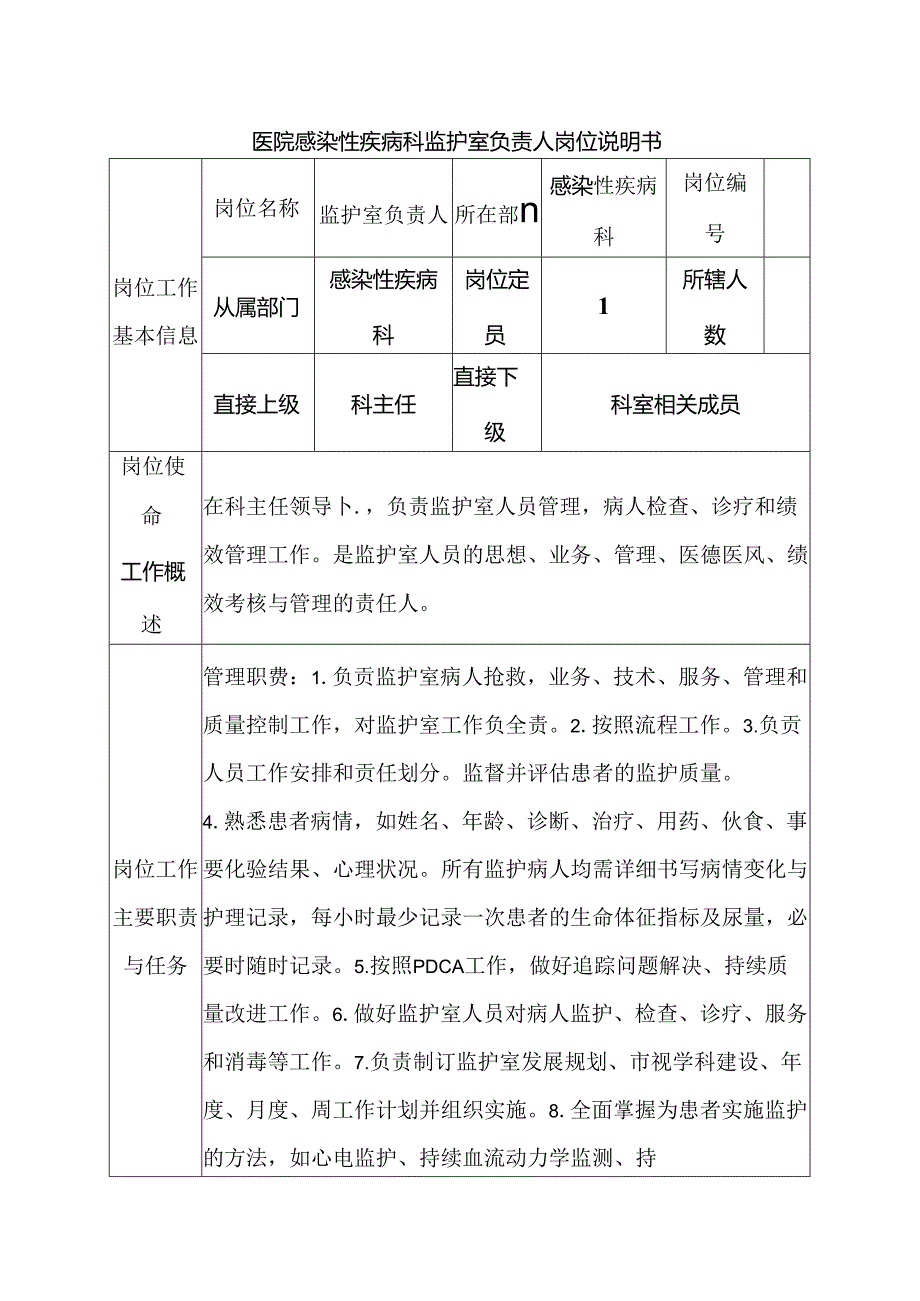 医院感染性疾病科监护室负责人岗位说明书.docx_第1页