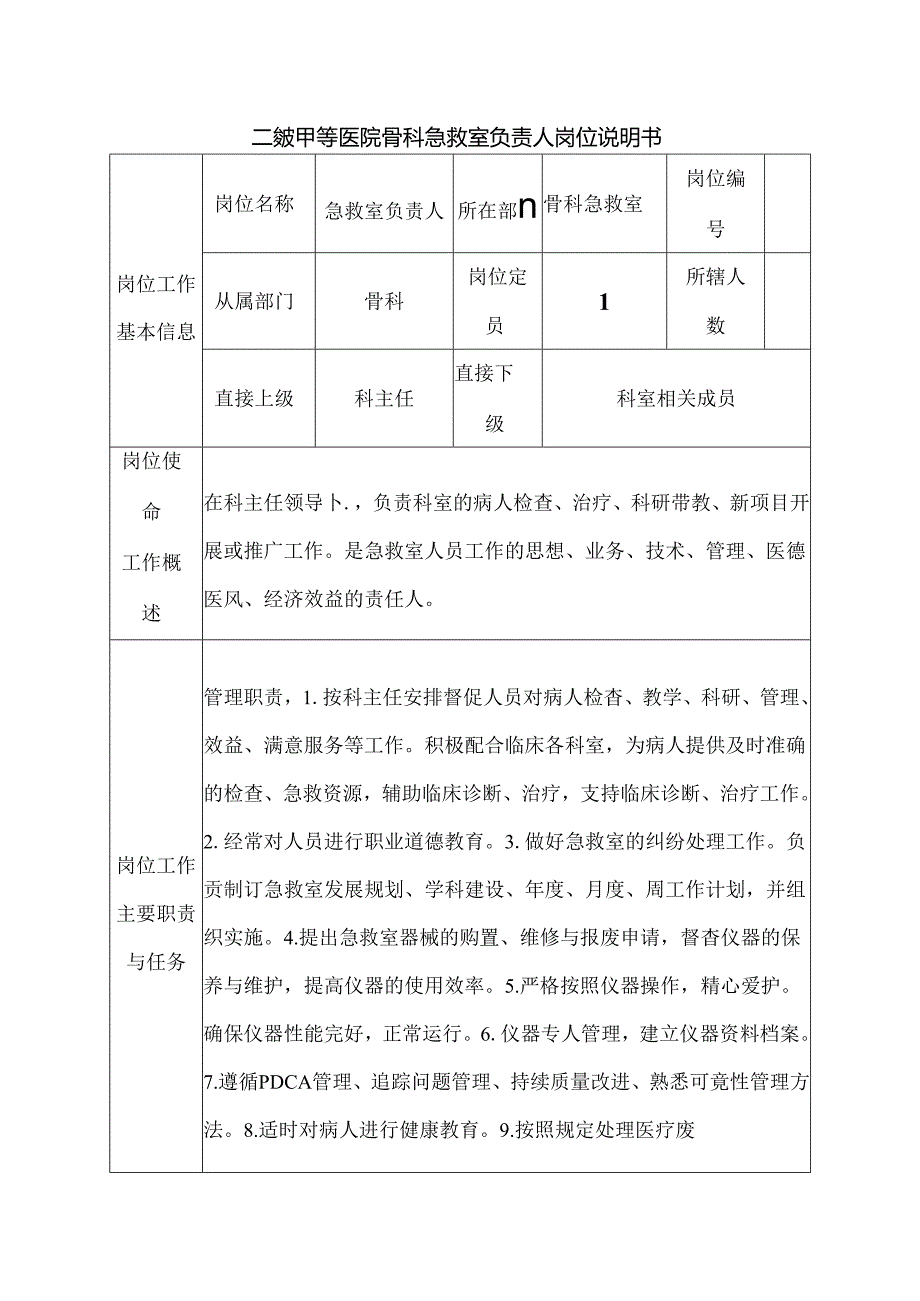 二级甲等医院骨科急救室负责人岗位说明书.docx_第1页