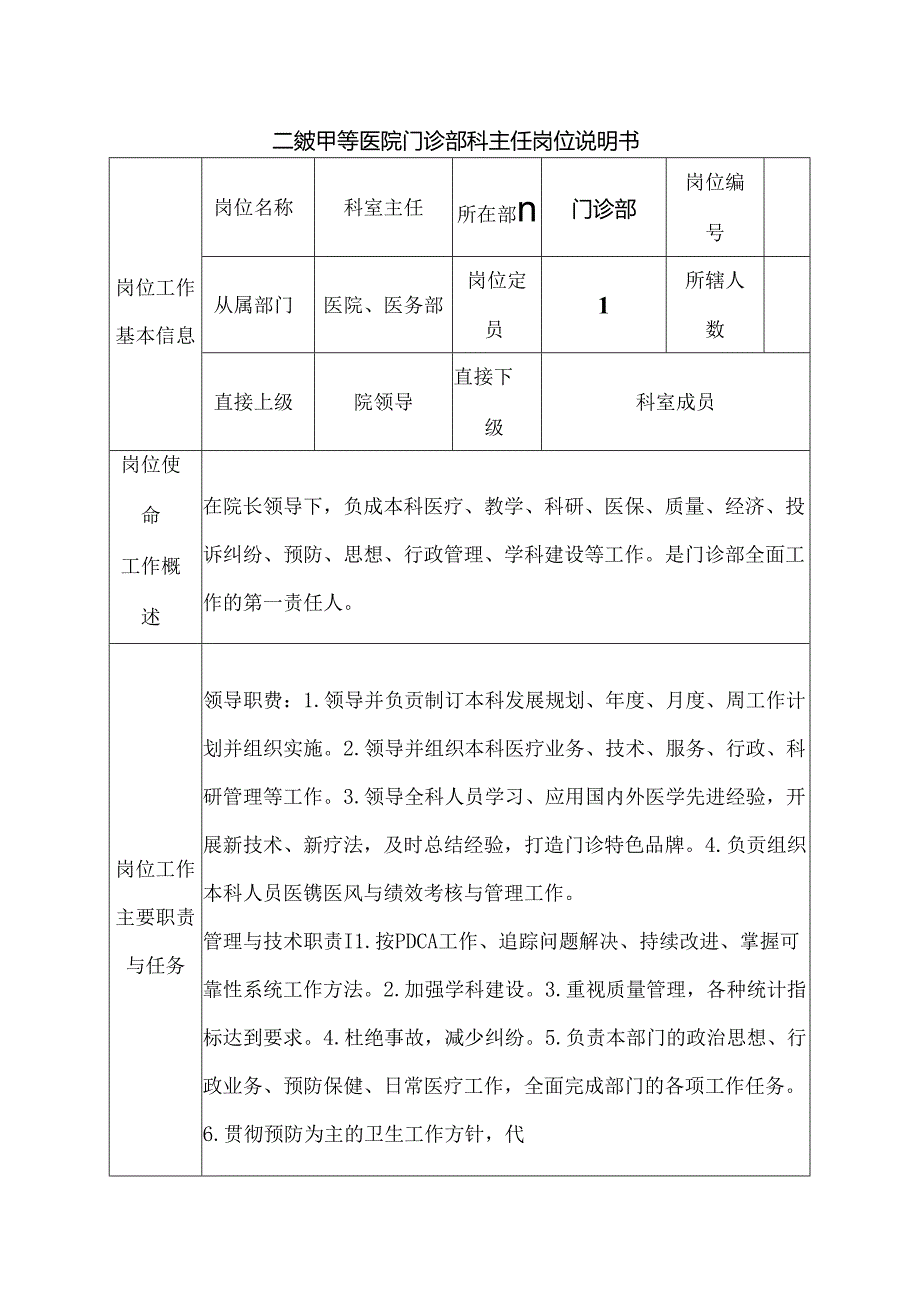 二级甲等医院门诊部科主任岗位说明书.docx_第1页