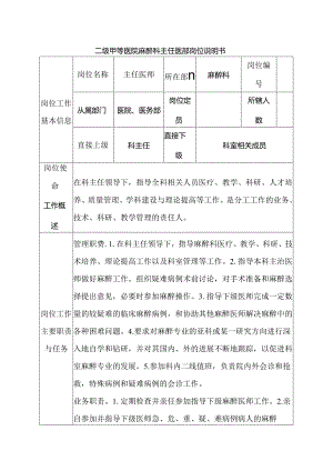 二级甲等医院麻醉科主任医师岗位说明书.docx