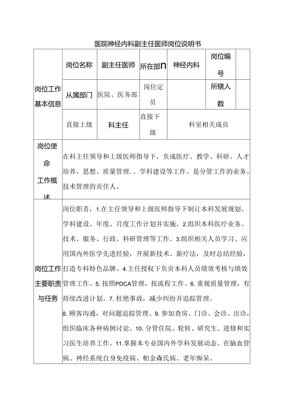 医院神经内科副主任医师岗位说明书.docx_第1页