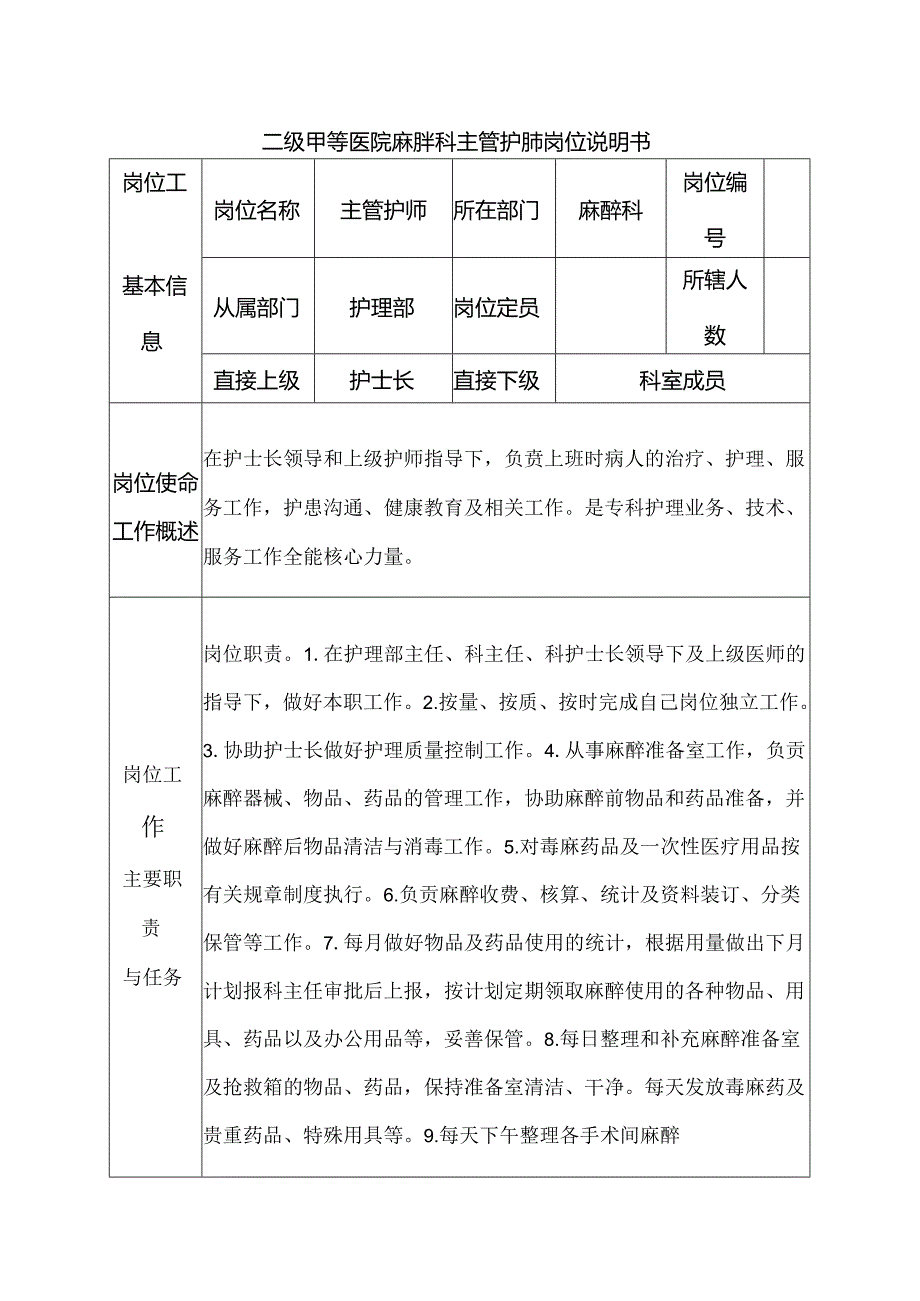 二级甲等医院麻醉科主管护师岗位说明书.docx_第1页