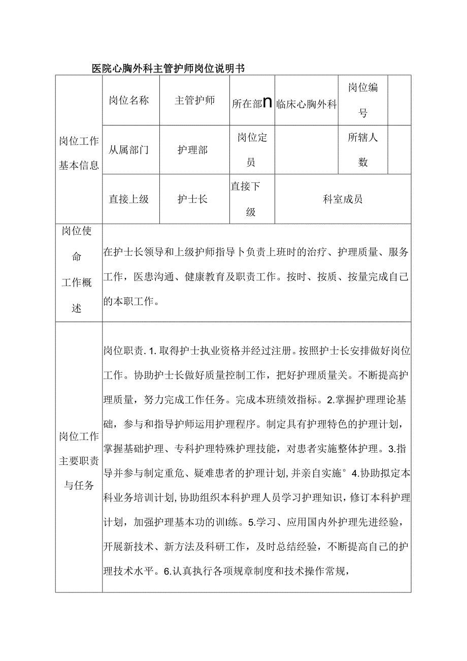 医院心胸外科主管护师岗位说明书.docx_第1页