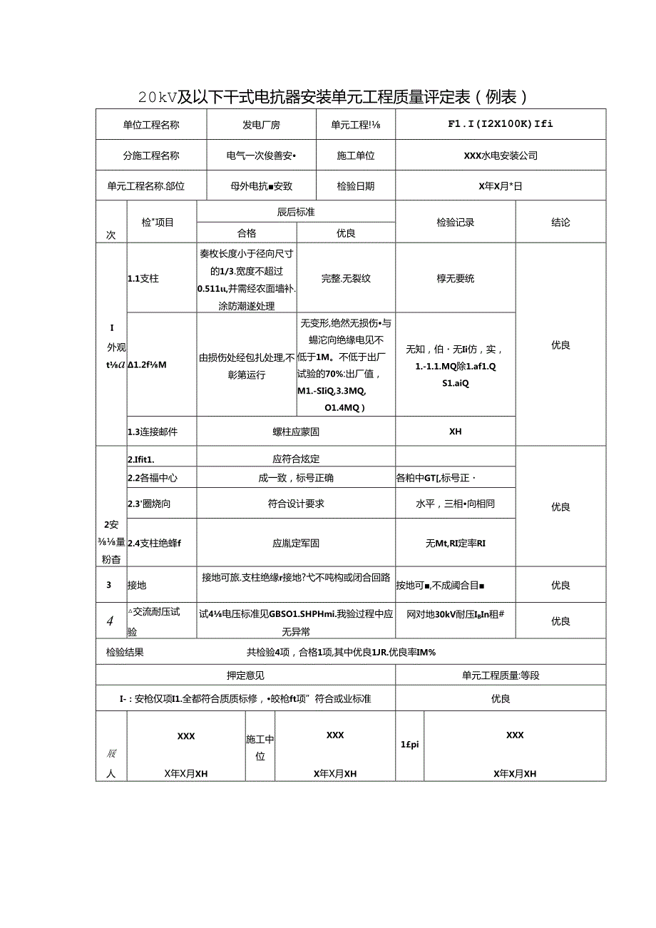 20kV及以下干式电抗器安装单元工程质量评定表.docx_第1页