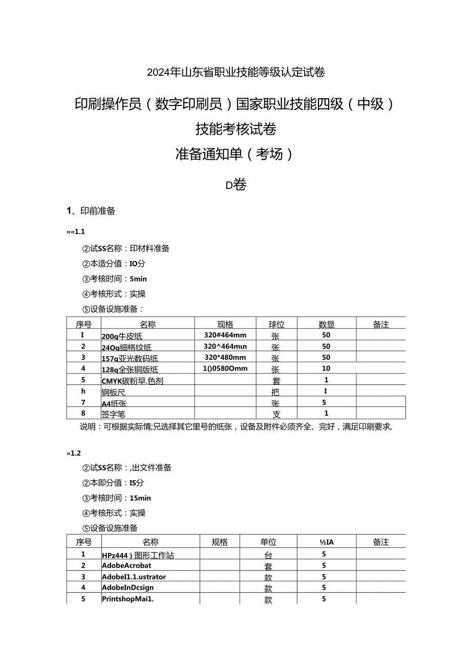 2024年山东省职业技能等级认定试卷 真题 印刷操作员（数字印刷员） 三级（中级）技能考核D卷-考场准备通知单.docx_第1页