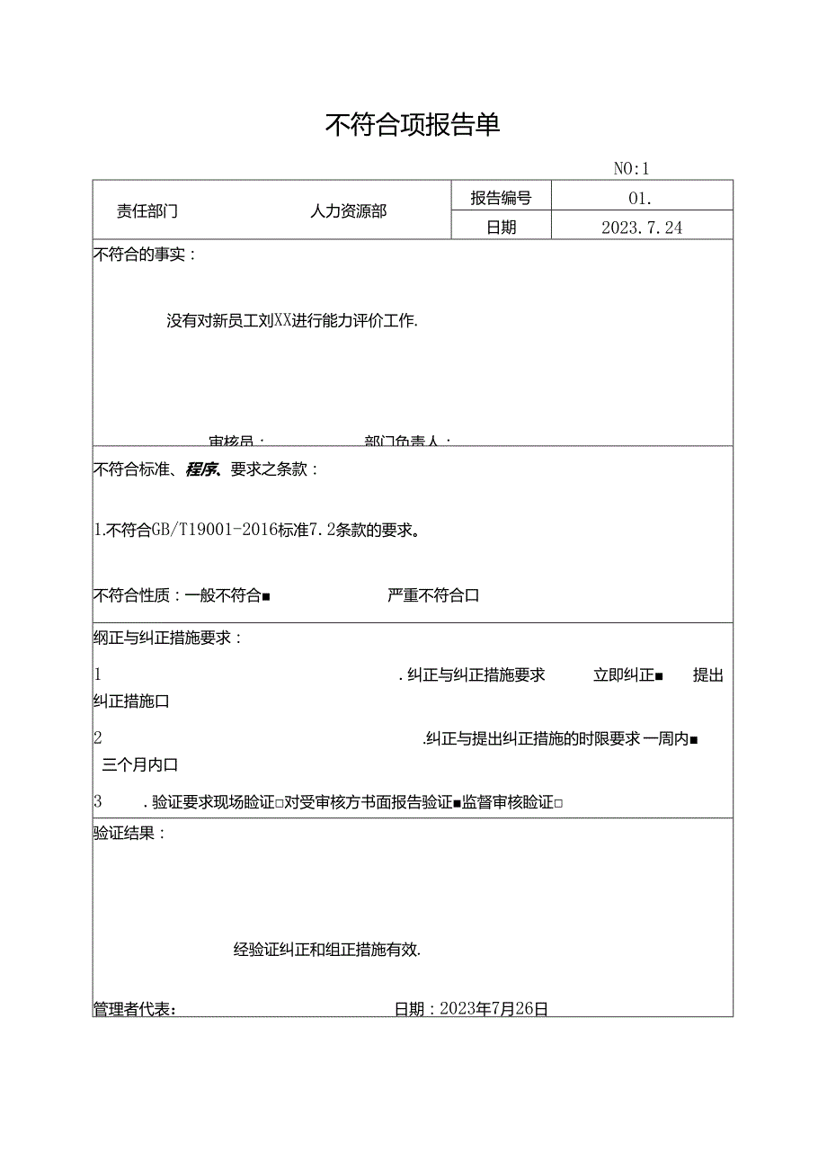 公司内部审核-不合格报告.docx_第1页