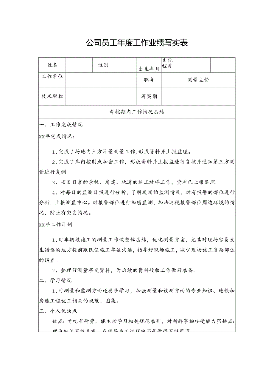 公司员工年度工作业绩写实表.docx_第1页