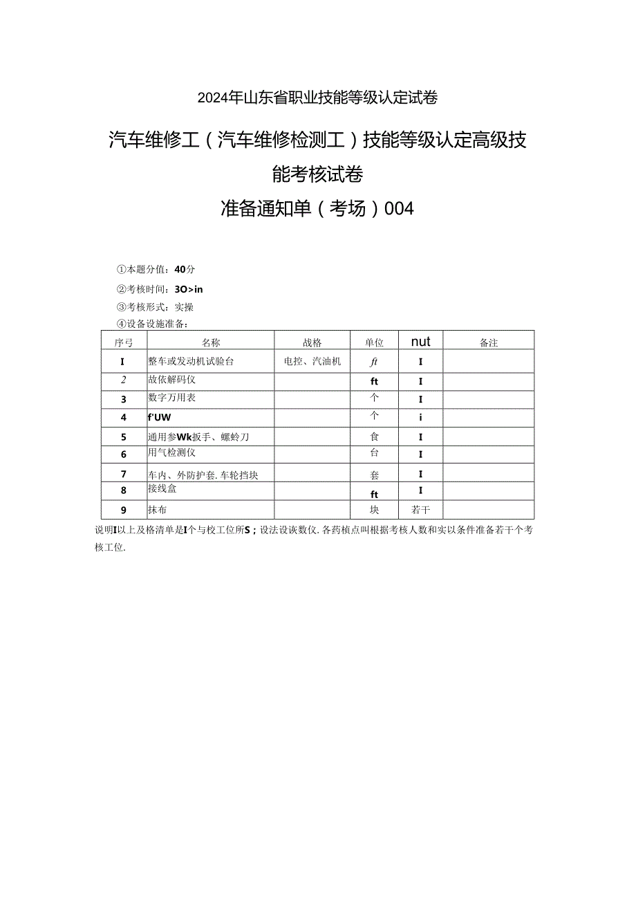 2024年山东省职业技能等级认定试卷 真题 汽车维修高级工考场准备通知单 (4).docx_第1页