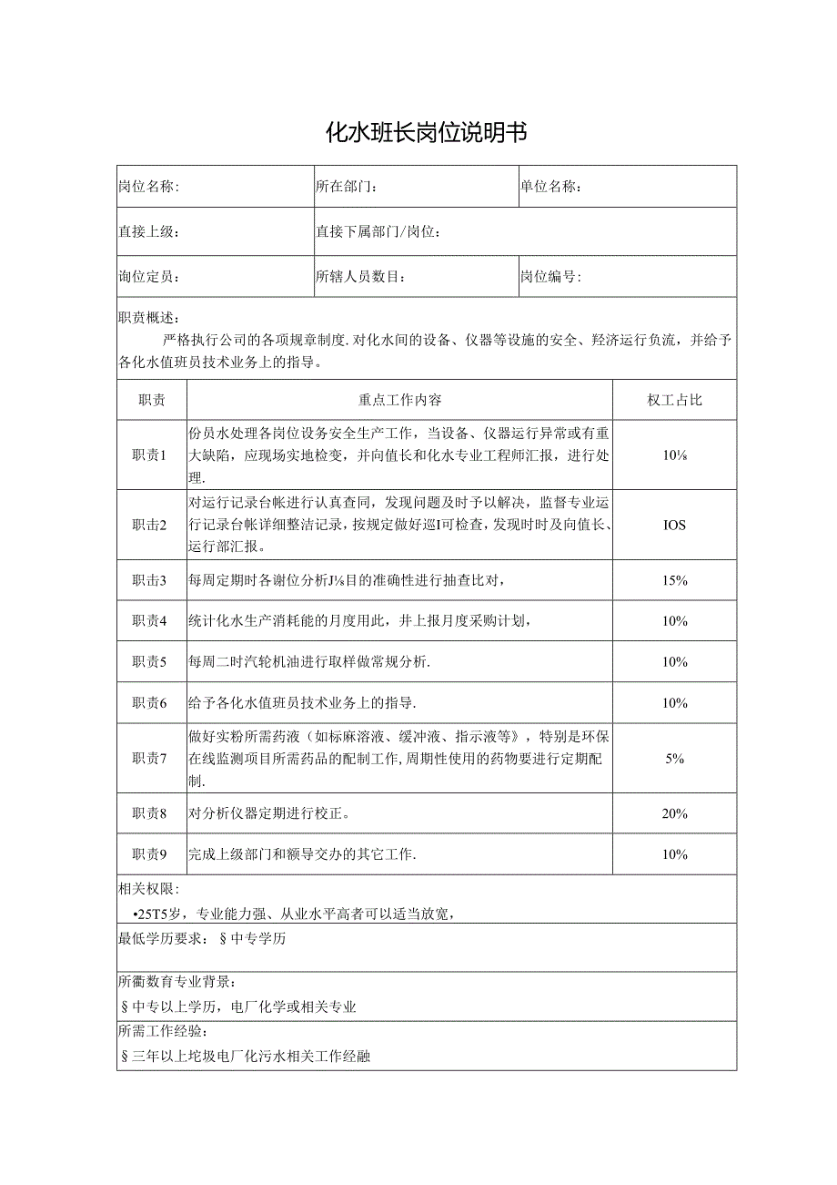 化水班长岗位说明书.docx_第1页