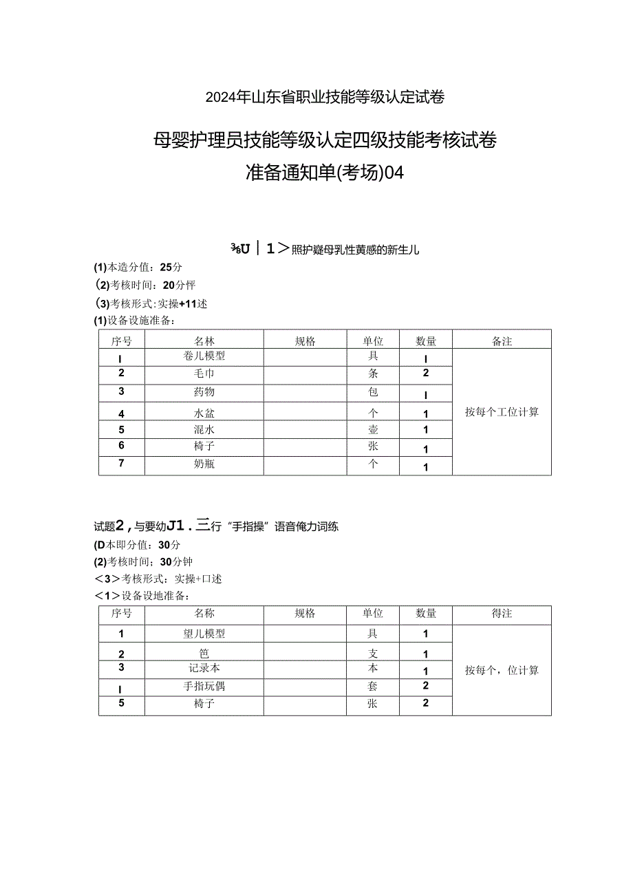 2024年山东省职业技能等级认定试卷 真题 母婴护理员 中级 准备通知单 04.docx_第1页