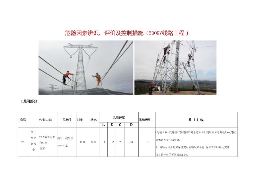 危险因素辨识、评价及控制措施（500KV线路工程）.docx_第1页