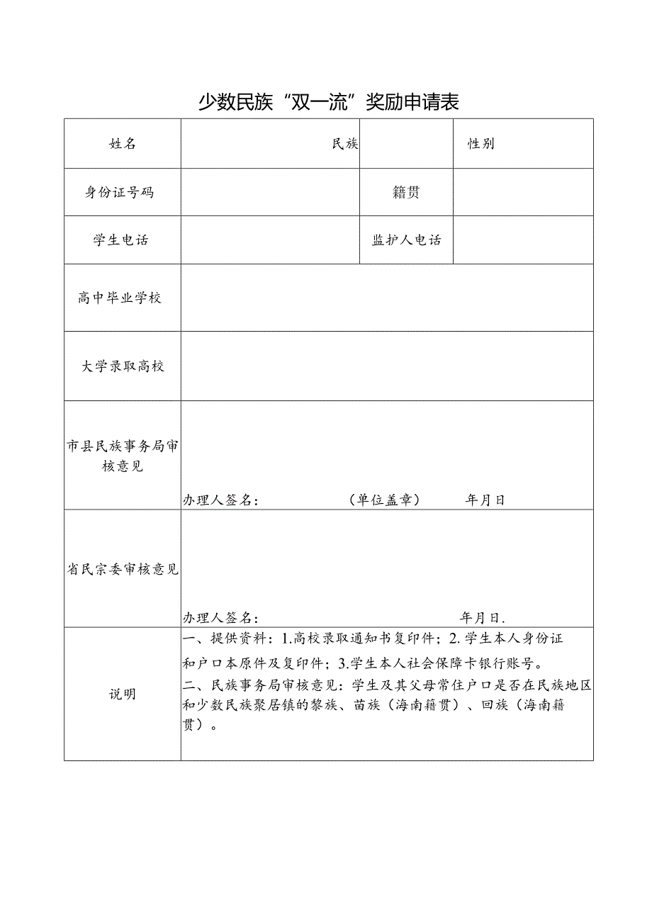 少数民族“双一流”奖励申请表.docx_第1页