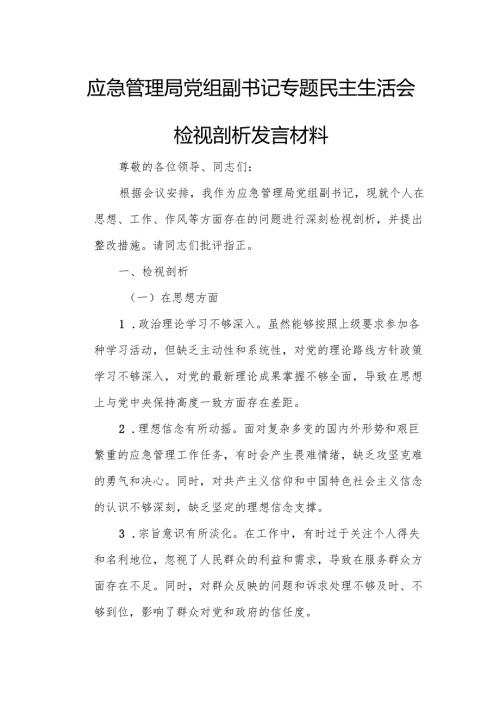 应急管理局党组副书记专题民主生活会检视剖析发言材料.docx